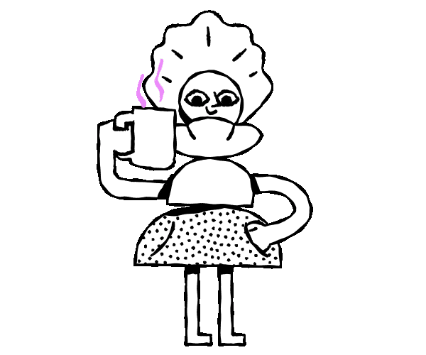 Ilustração animada da personagem Concha com uma caneca